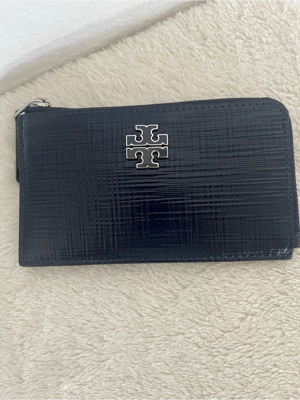 Tory Burch Navy Patent Zip Card Holder with Logo